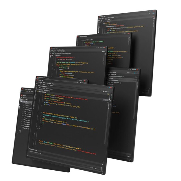 Multiple computer screens displaying lines of code for software development