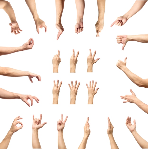 Multiple male caucasian hand gestures isolated over the white background