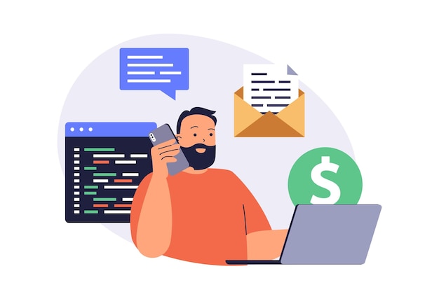 Multitasking web concept with flat cartoon people for website design Man doing different tasks in office calling by phone coding and programming at laptop earning money Vector illustration