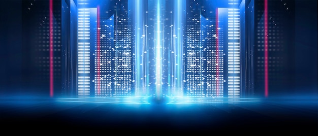 Nền tương lai tối trừu tượng Ánh sáng neon xanh phản chiếu trên mặt nước