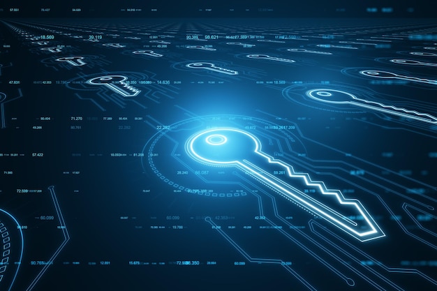 neon cyber key floating over a digital network conceptualizing encryption and cybersecurity 3d rendering