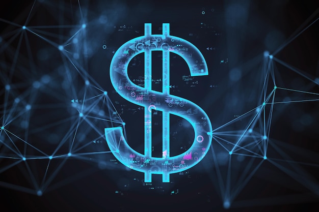 Neon Digital Dollar Sign on a Tech Background 3D Rendering