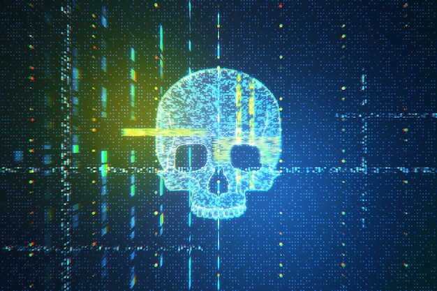Neon digital skull with a data stream on a binary code backdrop Cybersecurity awareness concept 3D Rendering