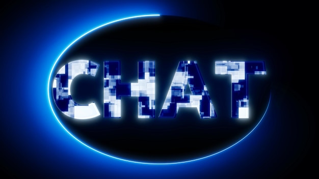 Neon sign with the word CHAT in capital letters illuminated in blue animated on a dark background