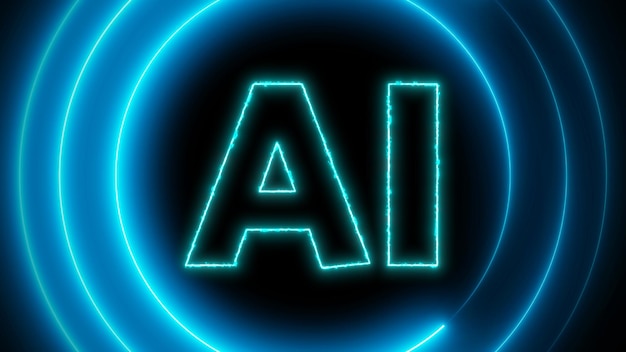 Neon sign with words AI glowing in blue on a dark background