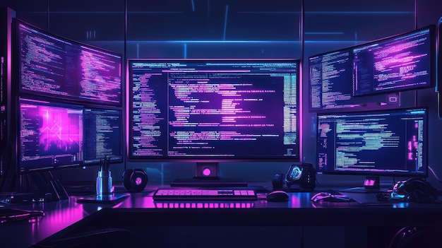neonlit programmer workspace with multiple monitors displaying code and data