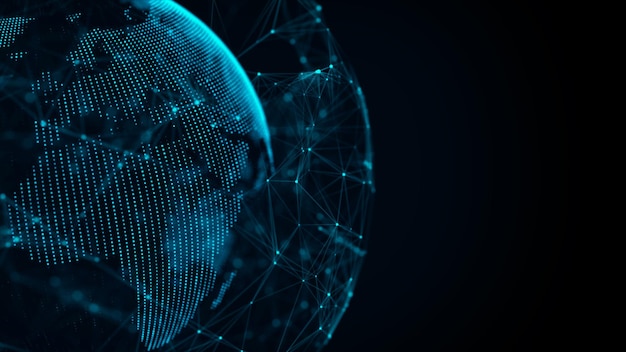 Network connection structure Abstract technology background with digital connecting data on planet Map Earth of dots Blockchain concept 3D rendering