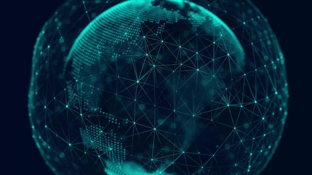 Network connection structure Abstract technology background with digital connecting data on planet Map Earth of dots Blockchain concept 3D rendering