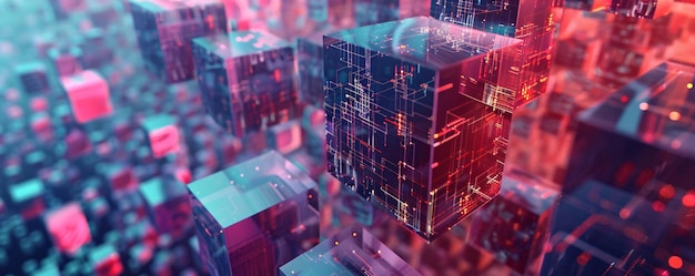 Network of interconnected cubes is glowing symbolizing data flow and processing in a complex system