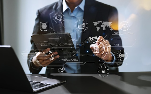 network security business using digital tablet and computer with digital padlock for data protection internet technology networking and cyber security technologyxa