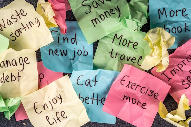 New year goals on bright colorful paper stickers
