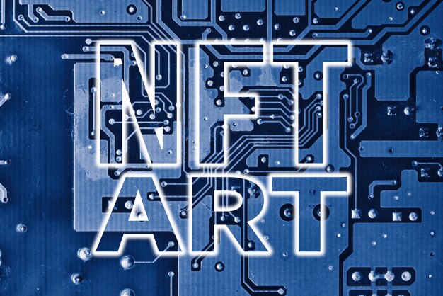 Nft art text on blue printed circuit board electronic board and nft technology rolling out new nft t...