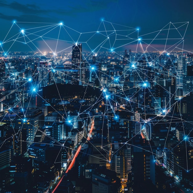 Nighttime aerial picture of the city adorned with clouds and stars artificial intelligence