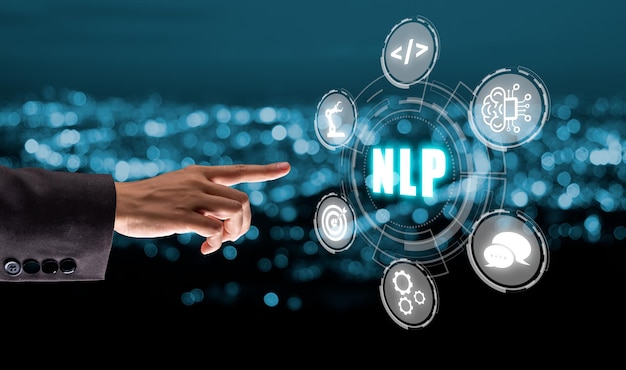 nlp natural language processing cognitive computing technology concept business person hand holding vr screen nlp icon with blue bokeh background ai artificial intelligence