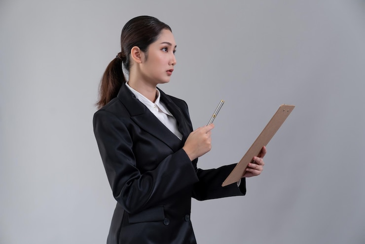 Photo nữ doanh nhân trẻ tự tin đứng trên nền cô lập hăng hái