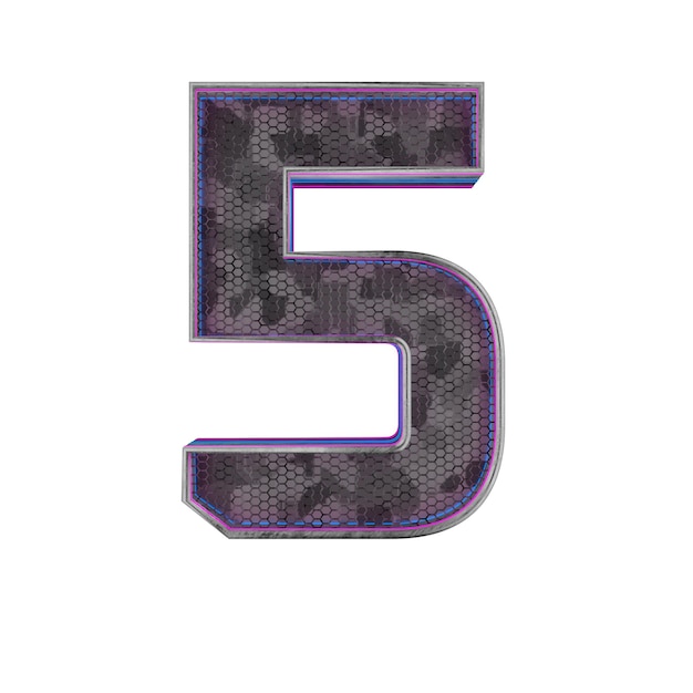 number 5 metallic futuristic font with blue neon lights 3d render