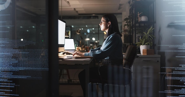 Office woman and night coding with futuristic overlay for cyber security programming and work Programmer code and overtime employee working with mockup computer and laptop screen at desk