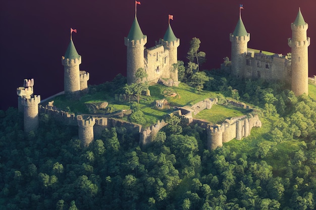 Old fairytale castle on a hill Aerial view 3d illustration