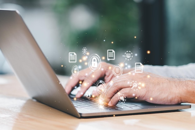 Online document database system and electronic document management system concept Businessman working from home using laptop with virtual screen Process data and manage files on Internet efficiently