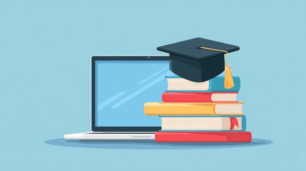 Online Education Laptop Books and Graduation Cap
