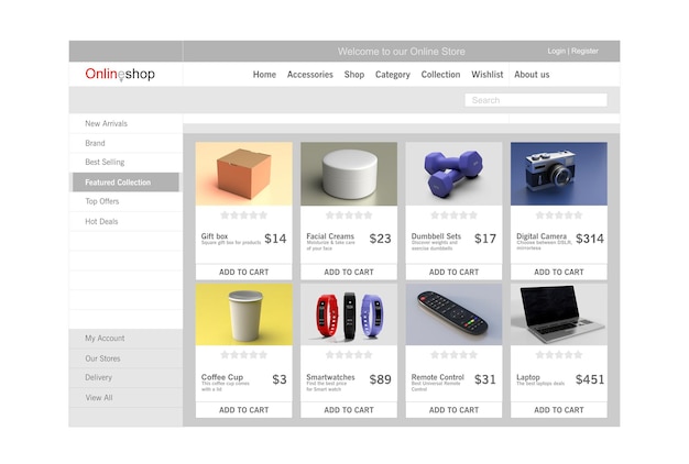 Online shop website design template isolated on white