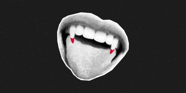 Open mouth with vampire fangs and blood drops Creepy Halloween retro collage banner lips cut out