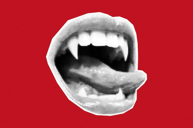 Open mouth with vampire fangs and tongue creepy halloween retro collage banner lips cut out from magazine on red background Sharp teeth creepy scary character