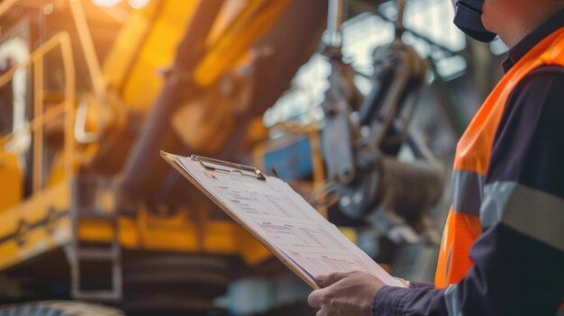 operations supervisor is checking machine checklist form with tow truck as blurred background