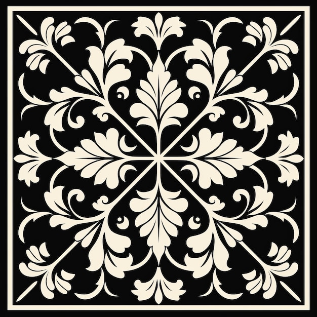Ornate Square Tile Design Dark Black And Light Beige Leaf Patterns