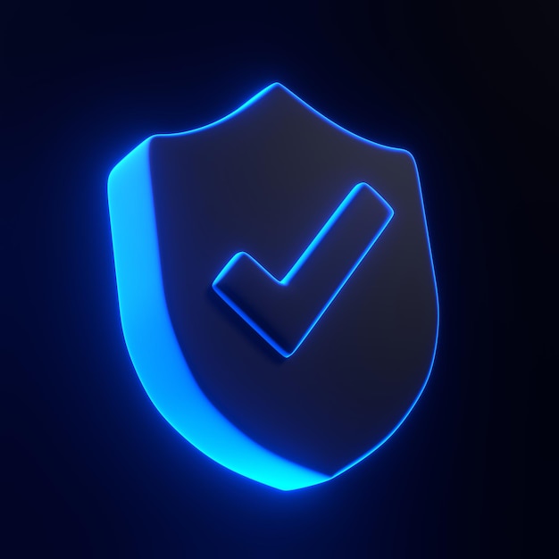 Outline Shield Shape with Tick Symbol with bright glowing blue neon lights on black background 3D