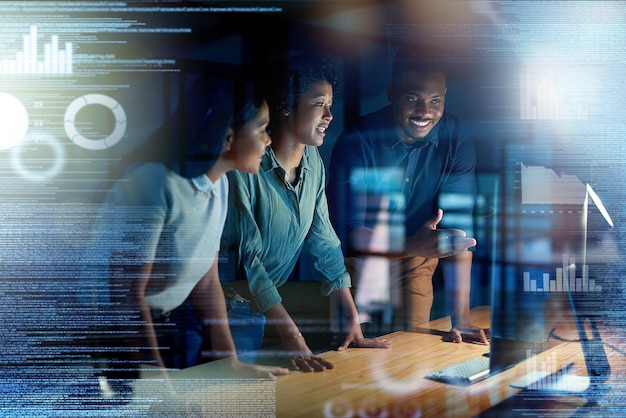 overlay futuristic and programmer team coding a future app website or web on the internet online at night in an office overtime teamwork and group of people or colleagues planning for innovation