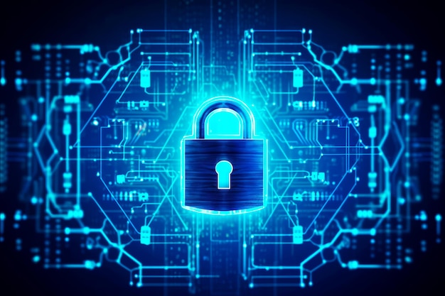 padlock on top of circuit board with blue light coming out of it generative ai