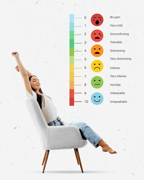 pain measurement scale colorful set of emotion icons with a girl sitting on a chair