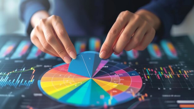 pair of hands are adjusting a large tactile pie chart on a digital interface with various types of graphs and data visualizations in the background
