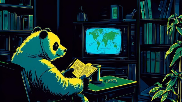 panda bear studying data with books a cup and a world map symbolsizing data analysis using pandas python