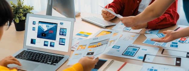 Panorama banner of startup company employee planning on user interface synergic
