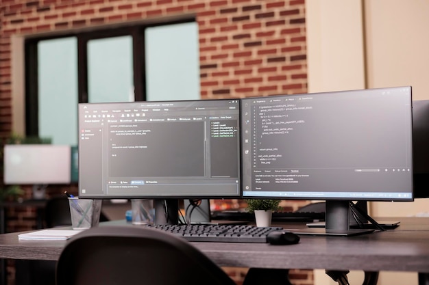 pc desk with pc monitors running terminal window and artificial intelligence programming database script. empty it programming company office with servers cloud computing. coding concept
