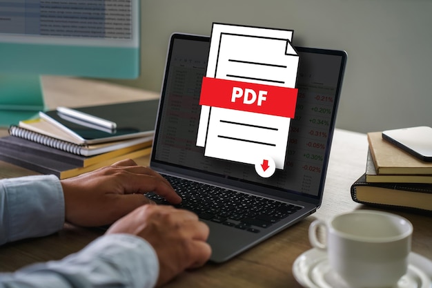 PDF button on screen Laptop computer converting process of document to another format Convert PDF files with online programs