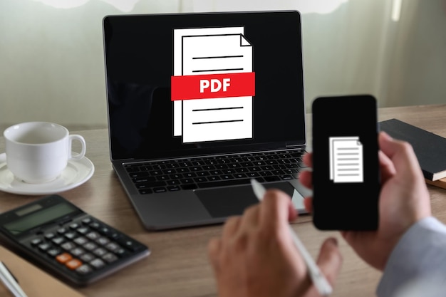 PDF button on screen Laptop computer converting process of document to another format Convert PDF files with online programs