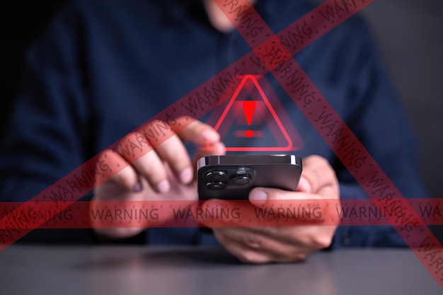 People with warning notification and spam message icon on laptop