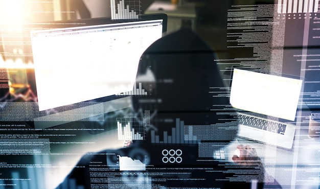 Person hacker and overlay with malware and virus installation for firewall bypass and hub Database back and dashboard with digital analytics and programming and cyber security crime on software