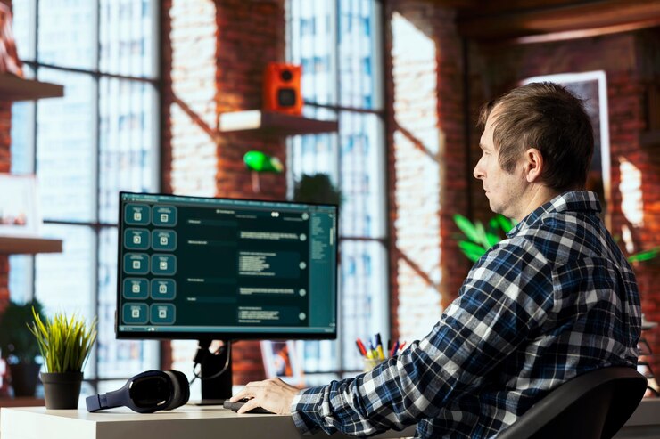 Photo person in home office speaking with ai chatbot producing text output
