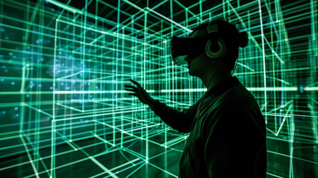 Person in VR gear explores digital grid space