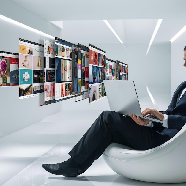 person using a laptop with multiple shopping tabs open on a white background