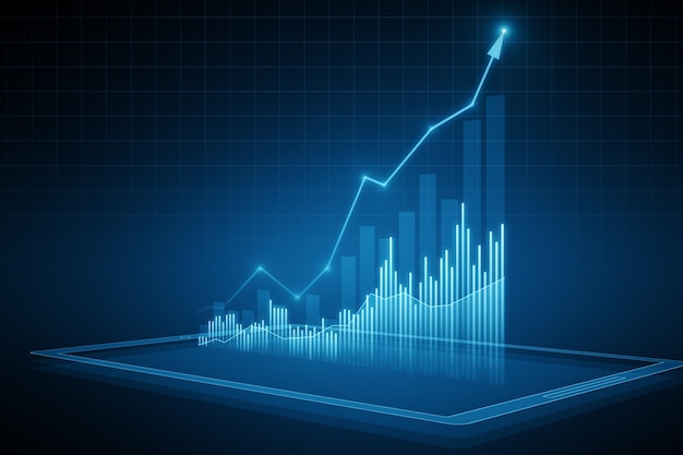 Perspective view of modern growing financial graph with rising up arrow on dark blue background Investing trading and stock market concept 3D Rendering