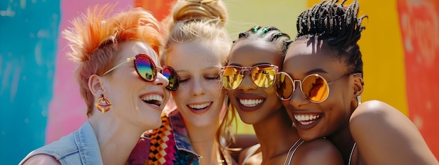 photo group of best friends having fun pride month