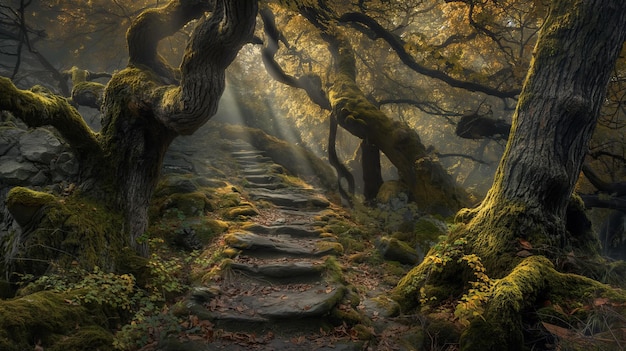 Photo of a cozy stone forest path in a sunny forest