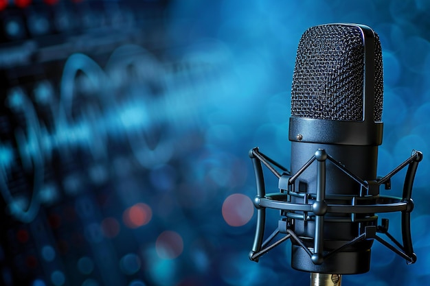 Photo of a microphone and sound waves on a blue background for a podcast banner template design web