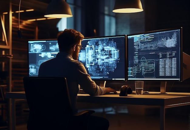 photo portrait of software developer doing working programming using computer