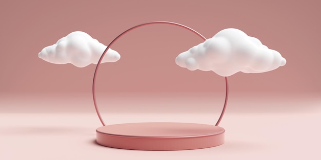 Pink 3d round podium with cloud Pedestal showcase mockup for beauty and cosmetics industry and product promotion Realistic 3d high quality render